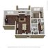Modern 3D floor plan featuring a cozy 1 bedroom, inviting living area, and stylish kitchen with island seating.