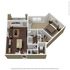 Modern 3D floor plan showcasing a cozy 1-bedroom apartment with an open-concept kitchen and living area, and a private balcony.
