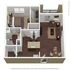 Elegant 3D apartment floor plan showcasing a cozy bedroom, modern open-plan kitchen with island, inviting living room, and chic dining area with dark wood flooring.