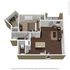 Chic 3D floor plan showcasing a modern 1-bedroom apartment with an open-concept living area, stylish kitchen island, spacious bathroom, and cozy balcony.