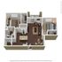 Modern 3D apartment floor plan featuring 2 bedrooms, cozy living room, and an open kitchen with a breakfast bar.