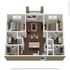 Modern 3D floor plan showcasing 2 bedrooms, an elegant open kitchen with an island, cozy living room, and dual bathrooms.