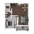 Modern floor plan showcasing 1 bedroom, sleek kitchen, cozy living room, and private balcony in a compact layout.