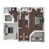 Elegant floor plan with two bedrooms, modern kitchen, cozy living area, stylish dining room, and inviting patio space.