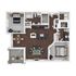 Contemporary 3D floor plan showcasing 2 bedrooms, stylish open-concept kitchen, inviting living room, and spacious balcony for relaxation.