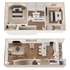 Chic two-story floor plan showcasing two spacious bedrooms, modern kitchen with island, inviting living area, and elegant bathrooms.
