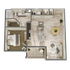 Chic floor plan showcasing a modern apartment with 1 bedroom, spacious open-concept kitchen and living area, stylish dining space, and a cozy balcony.