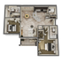 Modern 3D floor plan showcasing 2 bedrooms, open-concept living area, stylish kitchen, and cozy balcony.