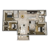 Elegant 3D floor plan showcasing 3 bedrooms, open living area, modern kitchen, and cozy balcony.