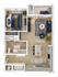 Modern 1-bedroom apartment floor plan showcasing a spacious open-concept living area with elegant furnishings, a stylish kitchen with counter seating, and a cozy lounge balcony.