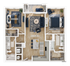 Modern floor plan showcasing a 2-bedroom unit with open living and dining area, featuring a spacious kitchen island and stylish decor.