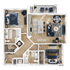 Modern 2D floor plan of Unit B2 featuring a spacious open-concept living and dining area, two elegant bedrooms, two bathrooms, and a convenient kitchen island layout.