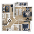 Chic apartment floor plan featuring two elegant bedrooms, modern open-concept living and dining area, spacious kitchen with island, two stylish bathrooms, and a cozy balcony. Perfect blend of comfort and functionality.
