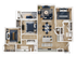 Modern apartment floor plan with 2 spacious bedrooms, elegant open-concept living area, stylish kitchen, and two sleek bathrooms. Unit features dedicated laundry space and cozy outdoor patio, perfect for comfortable living.
