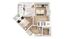 Modern 2D floor plan showcasing a single bedroom, open-concept living and dining area, sleek kitchen with island, spacious balcony, and convenient washer/dryer space.