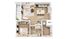 Chic modern floor plan featuring a spacious bedroom, open-concept living area with plush seating, and elegant kitchen with island dining. Includes laundry room and mechanical space for added convenience.