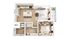Modern 3D floor plan showcasing 1 bedroom, open kitchen with island, cozy living area, and private balcony, complete with in-unit laundry.