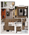 Contemporary 1-bedroom apartment floor plan featuring an open-concept living area, modern kitchen with breakfast bar, and inviting balcony space.