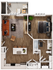 Modern floor plan featuring spacious open-concept living area, cozy bedroom, sleek kitchen with island bar, and stylish balcony overlooking scenery.