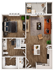 Modern apartment floor plan showcasing a spacious one-bedroom layout with open-concept living and dining area, stylish kitchen island, cozy living room, elegant bathroom, and private balcony space.