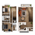Modern duplex floor plan showcasing spacious open-concept living and dining area, stylish kitchen with island seating, two cozy bedrooms, and a private balcony.