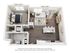 Chic apartment floor plan featuring 1 bedroom, modern open-plan living area, stylish kitchen island, and cozy balcony space.