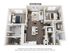 Contemporary 3D floor plan showcasing 2 cozy bedrooms, an elegant open kitchen with a large island, inviting living area with natural light, and 2 modern bathrooms.