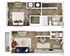 Chic two-level floor plan showcasing a cozy bedroom, modern living area, and stylish kitchen/dining space with elegant furnishings.