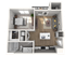 Modern 3D floor plan featuring one bedroom, open living area with stylish furniture, and a sleek kitchen.