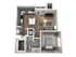 Modern open-concept floor plan featuring a spacious kitchen with an island, cozy living area, and a contemporary bedroom with en-suite bathroom. Perfect for stylish urban living.