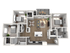 Modern 3D floor plan showcasing three spacious bedrooms, an open living and dining area, sleek kitchen, and a cozy balcony for outdoor relaxation.