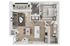 Modern apartment floor plan featuring a cozy bedroom, elegant bathroom, an open-concept living room, and a sleek kitchen with island seating. Includes a private balcony and spacious walk-in closet.