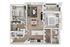 Modern floor plan showcasing 2 spacious bedrooms, open-concept living and dining area, sleek kitchen, and private balcony.