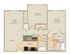Charming apartment floor plan with 2 bedrooms, open living and dining area, modern kitchen, and two bathrooms. Includes laundry area and a walk-in closet.
