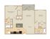 Modern floor plan features 2 bedrooms, open living and dining area, and a stylish kitchen with pantry, plus two bathrooms and a cozy patio.
