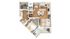 Elegant 2D floor plan showcasing a modern one-bedroom apartment with open-concept kitchen and living area, cozy bedroom, and spacious balcony.