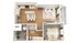 Modern 2D floor plan showcasing a one-bedroom apartment with an open-concept kitchen and living area, stylish bathroom, and practical laundry space, featuring sleek wooden flooring.