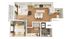 Modern 3D floor plan with 2 spacious bedrooms, sleek kitchen with island, and cozy living area, featuring ample natural light.