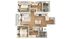 Contemporary apartment floor plan with 2 bedrooms, open living space, modern kitchen, and stylish bathrooms.