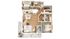 Modern 3D apartment floor plan showcasing 2 bedrooms, 2 bathrooms, an open kitchen, and spacious living area with balcony access.