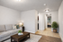 Cozy living area with elegant decor, plush sofa, stylish coffee table, and vibrant indoor plant, leading to a welcoming hallway.