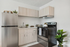 Modern kitchen area featuring sleek stainless steel appliances, elegant wood cabinetry, and lush green plant d&eacute;cor.