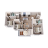 Modern 3D floor plan showcasing 3 luxurious bedrooms, sleek kitchen, cozy living space, and a charming patio with outdoor seating.