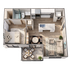 Modern 3D floor plan highlighting a cozy bedroom, sleek open kitchen, stylish living area, and contemporary dining space.