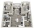 Modern 3D floor plan showcasing a luxurious apartment with two spacious bedrooms, a sleek open-concept living and dining area, stylish kitchen, and two elegant bathrooms.