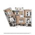 Chic modern floor plan showcasing 2 bedrooms, a cozy living room, sleek kitchen with island, and dual balconies for relaxation.