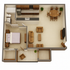 Inviting floor plan showcasing a cozy one-bedroom layout with a modern kitchen, open dining area, and a welcoming living space.