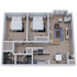 Modern 3D floor plan showcasing a sleek 2-bedroom apartment with an open-concept living and dining area, stylish kitchen, and two spacious bathrooms.