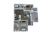 Chic floor plan with 2 bedrooms, open-concept living and dining area, modern kitchen, and private balcony.