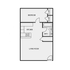 Charming floor plan showcasing a cozy 1-bedroom apartment with a modern kitchen, inviting living room, and efficient bathroom layout.
